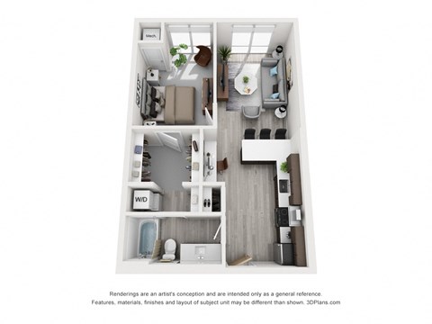 Floor plan for 1 bed, 1 bath, 687 sqft